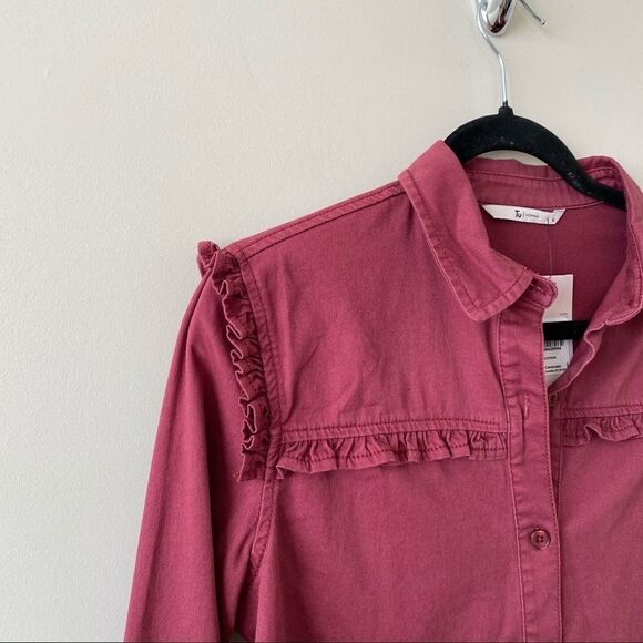 Tu - Brick Red Ruffle Button Down Shirt - Small - Picture 3 of 8